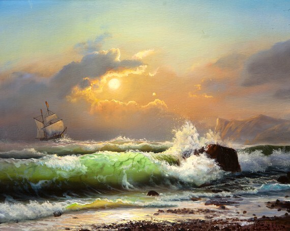 Oil painting on canvas , sailboat in rough seas at sunset